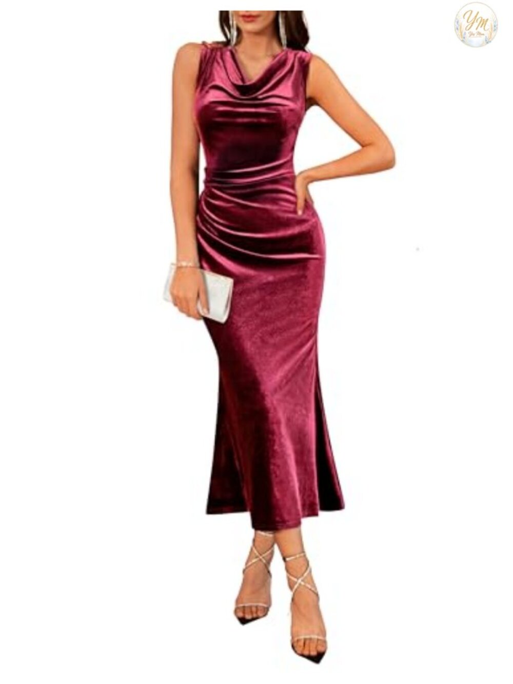 Velvet Cowl Neck Mermaid Maxi Dress with Ruched Sleeveless Back Zipper